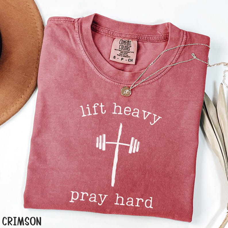 Lift Heavy Pray Hard Comfort Colors Shirt Gift For Christian Gym Shirt Faith Based Workout Shirt Jesus And Fitness T-Shirt Barbell Cross Tee Crimson