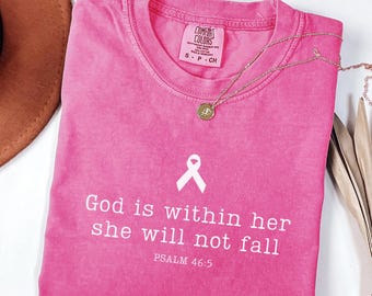 Camiseta cristiana contra el cáncer, colores cómodos, Dios está dentro de ella, ella no caerá. Concientización sobre el cáncer de mama, fe, luchadora contra el cáncer, guerrera de la quimioterapia. Regalo.