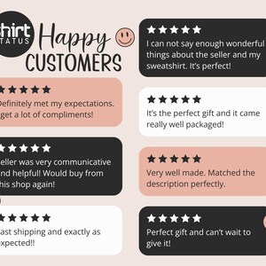 May include: Image featuring customer reviews for "shirt STATUS." The reviews are displayed in speech bubbles with star ratings and positive comments. The background is a light pink color, with a smiley face and heart icons.