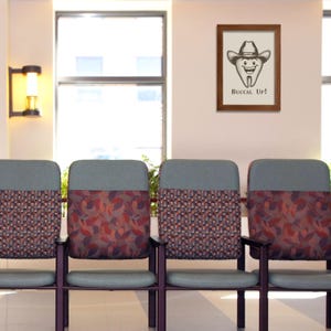 May include: A framed print of a cartoon tooth wearing a cowboy hat and the text "Buccal Up!" hanging on a wall above three teal and brown patterned chairs in a waiting room.
