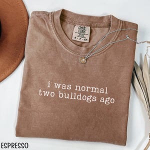 May include: Espresso-colored t-shirt with the text "i was normal two bulldogs ago" in white. A silver necklace with a pendant is draped across the shirt. The shirt is folded and has a Comfort Colors tag.