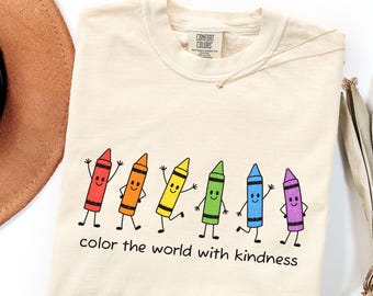 Color The World With Kindness Shirt Crayon Art Teacher Shirt Back To School Gift For Teacher Appreciation School Counselor T-Shirt Be Kind