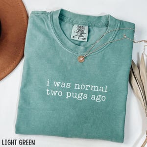 May include: A light green t-shirt with the white text "i was normal two pugs ago". A gold necklace with a pendant is on the shirt. The shirt is folded on a white surface. The t-shirt is a Comfort Colors brand.