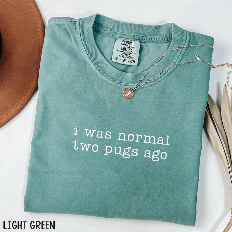 May include: A light green t-shirt with the white text "i was normal two pugs ago". A gold necklace with a pendant is on the shirt. The shirt is folded on a white surface. The t-shirt is a Comfort Colors brand.