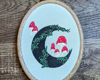 Celestial mushroom embroidery wall art