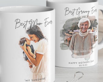 Custom Mother's Day Mug Watercolor Portrait Coffee Cup, Personalized Mom's Day Anniversary Photo Tea Drinkware Gift for Her Wife Mom 11oz