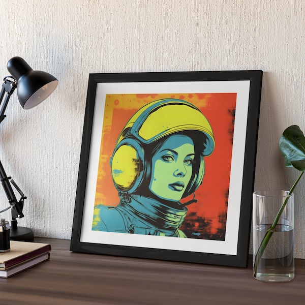 Vintage Science Fiction Art Print for Home Office Retro Sci-fi Pop Astronaut Wallpaper 4K Sci Fi Stylish Female Pilot Download Gift for Her