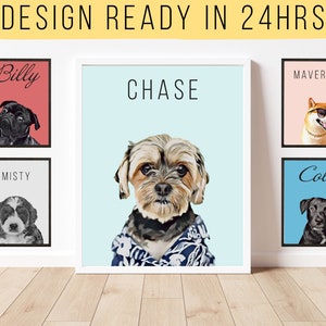Custom Pet Portrait from Picture Personalized Dog Puppy Painting and Sketch Wall Art Vertical Framed Poster Print Gift National Dog Cat Day