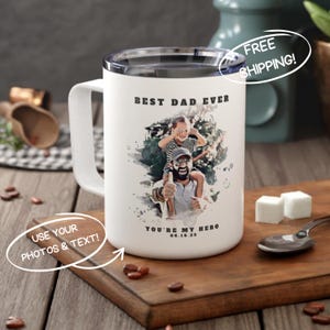 Benutzerdefinierte Vatertagsbecher Aquarell Porträt Kaffeetasse, personalisierte Vatertagsjubiläum Foto Tee Trinkgeschirr Geschenk für ihn Ehemann Papa 11 Unze