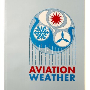 May include: A blue and white illustration of a snowflake, a red star, and a propeller inside a circle. The circle is surrounded by a blue and white pattern of rain. The text "AVIATION WEATHER" is below the circle in red and blue.