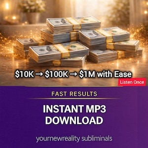 Puede incluir: Imagen de montones de billetes de 100 dólares estadounidenses, con texto que indica objetivos financieros: 10.000 $ a 100.000 $ a 1 millón de dólares con facilidad. La imagen también incluye las palabras "RESULTADOS RÁPIDOS" y "DESCARGA INSTANTÁNEA DE MP3".