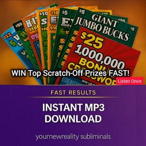 Könnte beinhalten: Eine Sammlung bunter Rubbellose mit verschiedenen Gewinnbeträgen, darunter 50 $, 22 $ und 25 $. Die Lose sind fächerförmig angeordnet, mit dem Text "WIN Top Scratch-Off Prizes FAST!" und "GIANT JUMBO BUCKS". Darunter steht "INSTANT MP3 DOWNLOAD".