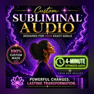 May include: A digital graphic with the words "Custom Subliminal Audio" in gold lettering. The image features a woman with her eyes closed, surrounded by purple and blue imagery. Text includes "Designed for your exact goals" and "4-minute optimized audio."