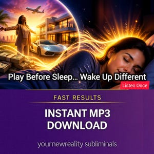 Puede incluir: Ilustración digital de una mujer durmiendo, con un paisaje de ensueño de riqueza y éxito. La imagen incluye el texto: "Play Before Sleep... Wake Up Different", "FAST RESULTS" y "INSTANT MP3 DOWNLOAD". También se representa un avión, un coche deportivo y una mansión.