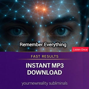 May include: Image with the text "Remember Everything" over a person's eyes, with a network of blue lines and dots. Below, the text "FAST RESULTS" and "INSTANT MP3 DOWNLOAD" are displayed on a purple background. The phrase "Listen Once" is in a red box.