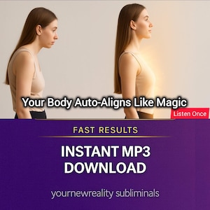 May include: Image shows a woman with poor posture next to a woman with good posture. Text reads "Your Body Auto-Aligns Like Magic" and "Instant MP3 Download". The background is light with a purple banner.