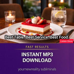 Può includere: Una fetta di dolce a strati con glassa rossa, guarnita con fragole fresche e panna montata, è su un piatto bianco. Un bicchiere d'acqua con limone e una candela sono anche sul tavolo. Il testo recita: Best Table. Best Service. Best Food.