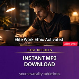 May include: A man working on a laptop at a desk, illuminated by a desk lamp. The image includes the text "Elite Work Ethic Activated" and "Instant MP3 Download". The background is dark with a purple banner that says "Fast Results".