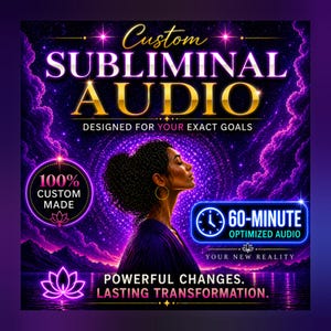 Può includere: Grafica digitale con le parole "Custom Subliminal Audio" in lettere dorate. L'immagine presenta una donna con gli occhi chiusi, un fiore di loto e il testo "Designed for Your Exact Goals". L'immagine include anche il testo "60-Minute Optimized Audio".