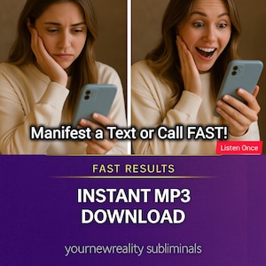 Peut inclure: Image montrant une femme d'abord préoccupée, puis excitée, tenant un smartphone bleu. Le texte indique "Manifestez un texte ou un appel RAPIDEMENT !" et "TÉLÉCHARGEMENT INSTANTANÉ MP3". L'arrière-plan est violet et doré.