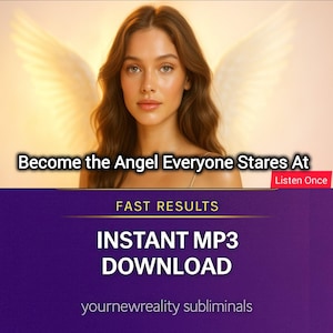 May include: Image features a woman with long brown hair and angel wings. Text overlay reads "Become the Angel Everyone Stares At" and "INSTANT MP3 DOWNLOAD." The background is a gradient of peach and purple.