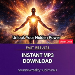 Puede incluir: Imagen digital con una figura luminosa en el centro, con los brazos extendidos, irradiando luz. El texto dice "Unlock Your Hidden Power" y "Instant MP3 Download" sobre un fondo morado. El tema es el autodescubrimiento.