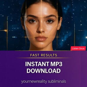 May include: A woman's face with a golden grid overlay, set against a starry background. The image features the text "FAST RESULTS" and "INSTANT MP3 DOWNLOAD" in white on a purple banner. The phrase "Listen Once" is in a red box.