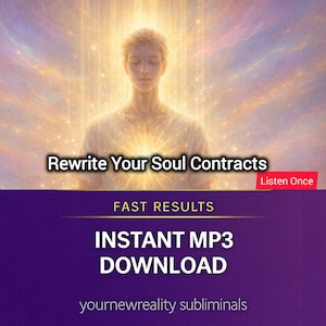 Pode incluir: Arte digital com uma pessoa de olhos fechados, irradiando luz. O texto diz "Rewrite Your Soul Contracts" e "Instant MP3 Download". O fundo é uma mistura de tons dourados, roxos e brancos, com "Fast Results" exibido.