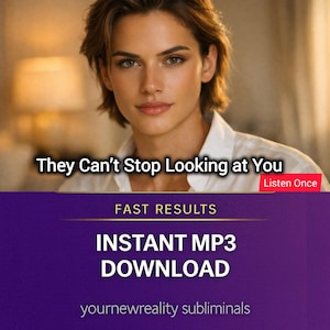 Op de afbeelding: Afbeelding van een persoon met kort bruin haar en groene ogen, gekleed in een wit overhemd. De tekst "They Can't Stop Looking at You" is over de afbeelding geplaatst. Een paarse banner toont "FAST RESULTS" en "INSTANT MP3 DOWNLOAD."