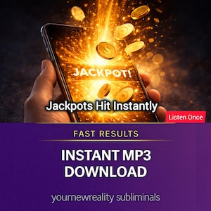 Può includere: Uno smartphone mostra la parola "JACKPOT!" con monete d'oro ed effetti di luce. Il testo "Jackpots Hit Instantly" è sotto. L'immagine include anche il testo "FAST RESULTS" e "INSTANT MP3 DOWNLOAD".