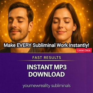 Op de afbeelding: Afbeelding met twee mensen met gesloten ogen tegen een gouden achtergrond met gloeiende bollen. Tekst luidt "Make EVERY Subliminal Work Instantly!" en "FAST RESULTS, INSTANT MP3 DOWNLOAD, yournewreality subliminals."