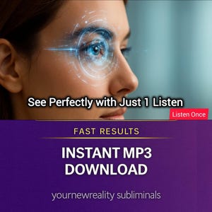 Może przedstawiać: Obraz przedstawia twarz kobiety z cyfrową nakładką wokół oka, z tekstem "See Perfectly with Just 1 Listen". Poniżej widnieją napisy "FAST RESULTS" i "INSTANT MP3 DOWNLOAD".