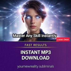 May include: Digital graphic featuring a woman with glowing eyes and a network of light emanating from her head. Text reads "Master Any Skill Instantly" and "Instant MP3 Download". The background is a blurred cityscape.