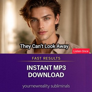 Op de afbeelding: Afbeelding van een man met bruin haar en groene ogen. Tekstoverlay: "They Can't Look Away" en "Instant MP3 Download". Een rood vakje zegt "Listen Once". De achtergrond is een paarse en gouden gradiënt.