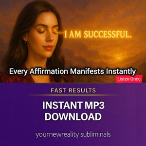 May include: An image featuring a woman with closed eyes and the text "I AM SUCCESSFUL." Below, the text reads "Every Affirmation Manifests Instantly." Further down, it says "INSTANT MP3 DOWNLOAD" and "yournewreality subliminals."