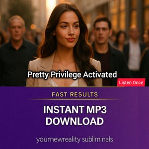 Op de afbeelding: Een vrouw met lang bruin haar en een beige blazer is het middelpunt van deze afbeelding. De tekst "Pretty Privilege Activated" wordt weergegeven boven een paarse banner met de woorden "Instant MP3 Download". De achtergrond is wazig.