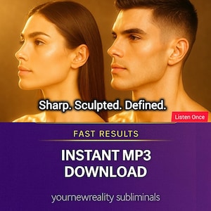 May include: Image features side profiles of a person and another person, with the text "Sharp. Sculpted. Defined." The image also includes the text "FAST RESULTS" and "INSTANT MP3 DOWNLOAD" with the website address "yournewreality subliminals".