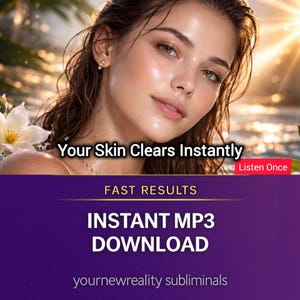 Könnte beinhalten: Werbebild einer Frau mit nassem Haar und strahlender Haut. Der Text enthält "Your Skin Clears Instantly", "Fast Results" und "Instant MP3 Download". Der Hintergrund deutet auf eine natürliche Umgebung mit Sonnenlicht und Wasser hin.
