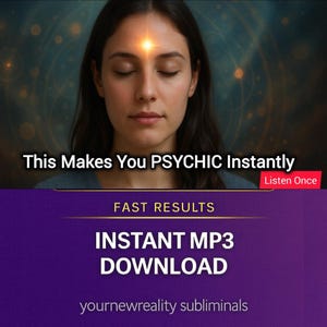 May include: Image shows a woman with closed eyes and a bright light on her forehead. Text says "This Makes You PSYCHIC Instantly" and "INSTANT MP3 DOWNLOAD". The background is a blend of blue and gold.