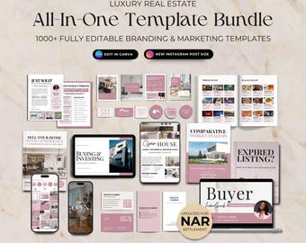 Paquete inmobiliario todo en uno, kit de marca para inmobiliarias Pink, publicaciones en redes sociales para agentes inmobiliarios, paquete de marketing inmobiliario, Canva