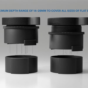 Front view of two mechanical WDT needle distribution tools. One with adjustment to expose longer needles, and the other adjusted to expose shorter needles. Text overlay: Maximum depth range of 14~29mm to cover all sizes of flat baskets