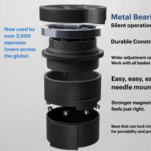 Image of deconstructed view of a mechanical WDT tool. With text overlays that reads as follows: Version 4.1-Pro, Metal Bearings. Silent operation. Durable Construction. Wider adjustment range. Now used by over 2,000 espresso lovers across the globe!