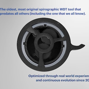 Top view of a Mechanical WDT needle distribution tool. Text overlays: The oldest, most original spirographic WDT tool that predates Moonraker. Optimized through real world experiences and continuous evolution since 2022.