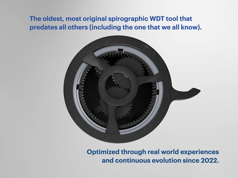 Top view of a Mechanical WDT needle distribution tool. Text overlays: The oldest, most original spirographic WDT tool that predates Moonraker. Optimized through real world experiences and continuous evolution since 2022.