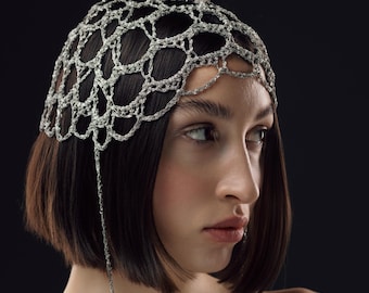 Medieval Silver Mesh Headpiece — Elegant Handmade Chain Cap