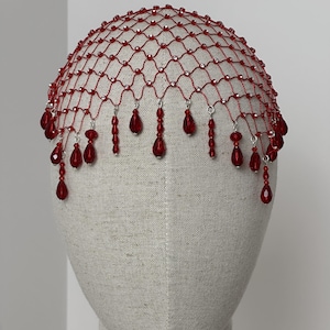 Red Beaded Hair Net with Dangling Crystals – Elegant Festive Head Jewelry