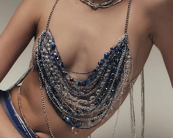 Crystal Beaded Chainmail Bra. Unique Layered Chain & Bead Top– Statement Necklace Top