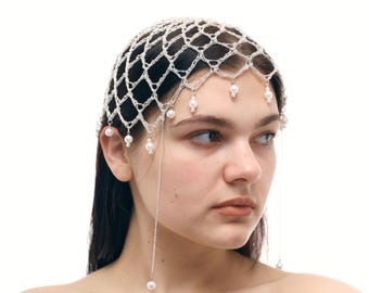 Juliet Cap Silver Pearl Chain Head Jewelry – Boho Wedding Hair Accessory Gatsby Cap