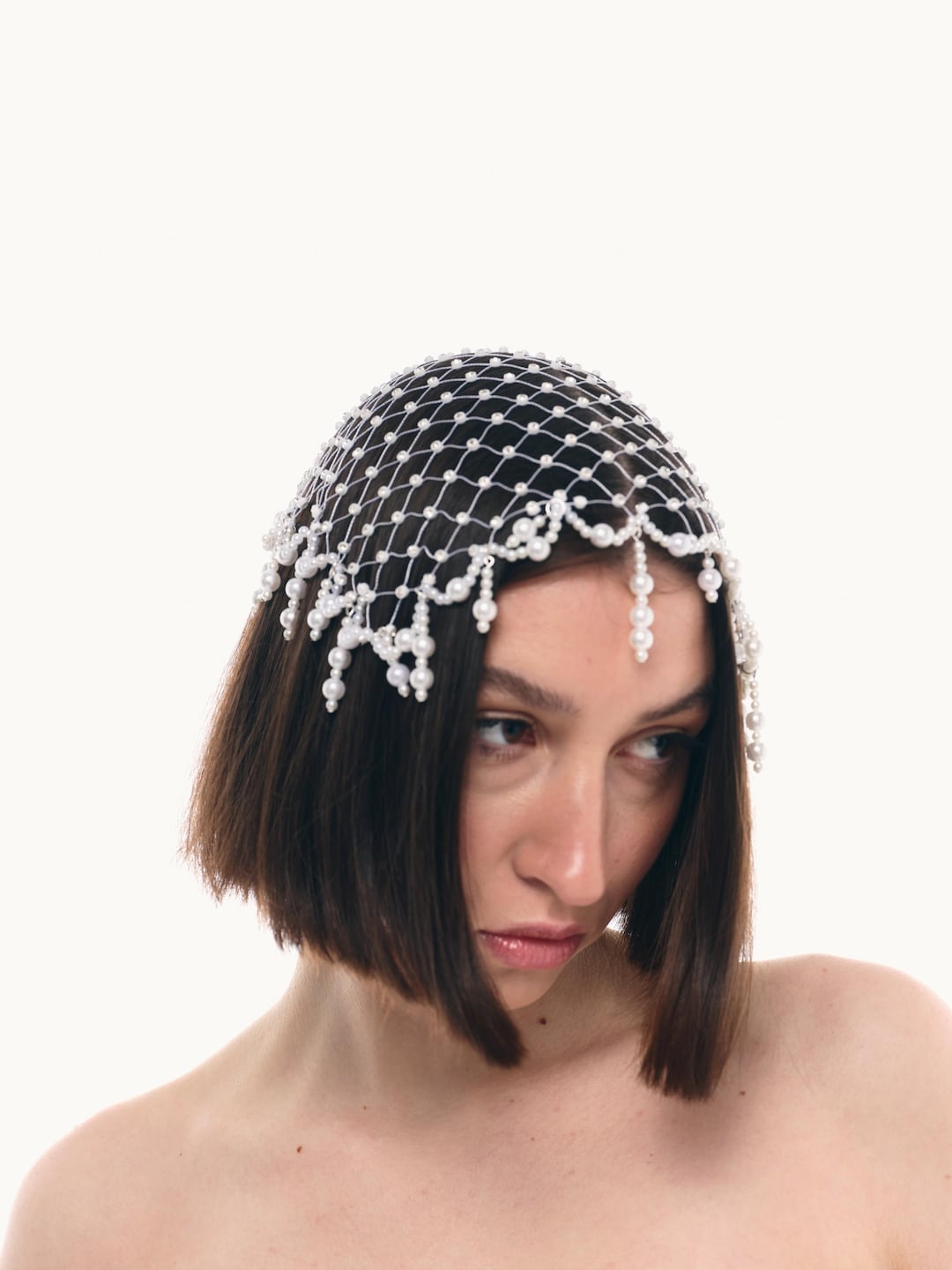 Bridal Pearl Net Headpiece – Handmade Crystal Wedding Hair Veil. Elegant Beaded Head Covering – Bridal Hair Accessory - Etsy