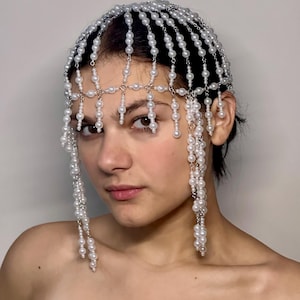 Pearl Headpiece with Fringe – Bridal Statement Hair Jewelry Beaded Pearl Veil Headpiece – Festival or Wedding Jewelry